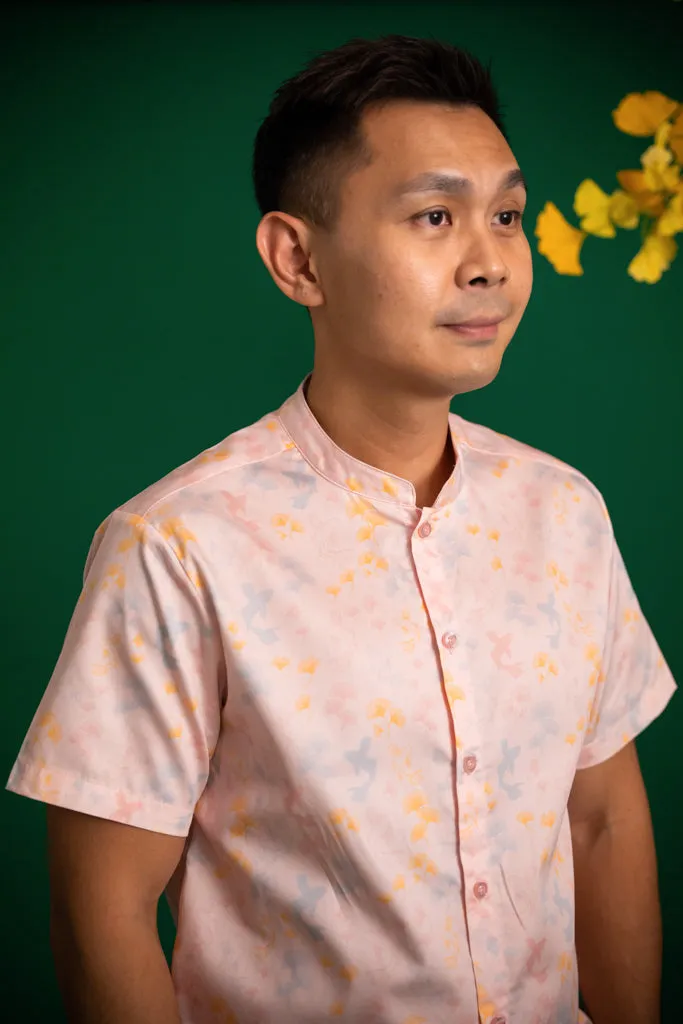 Men's Mandarin-collared Shirt - Pink Gingkoi