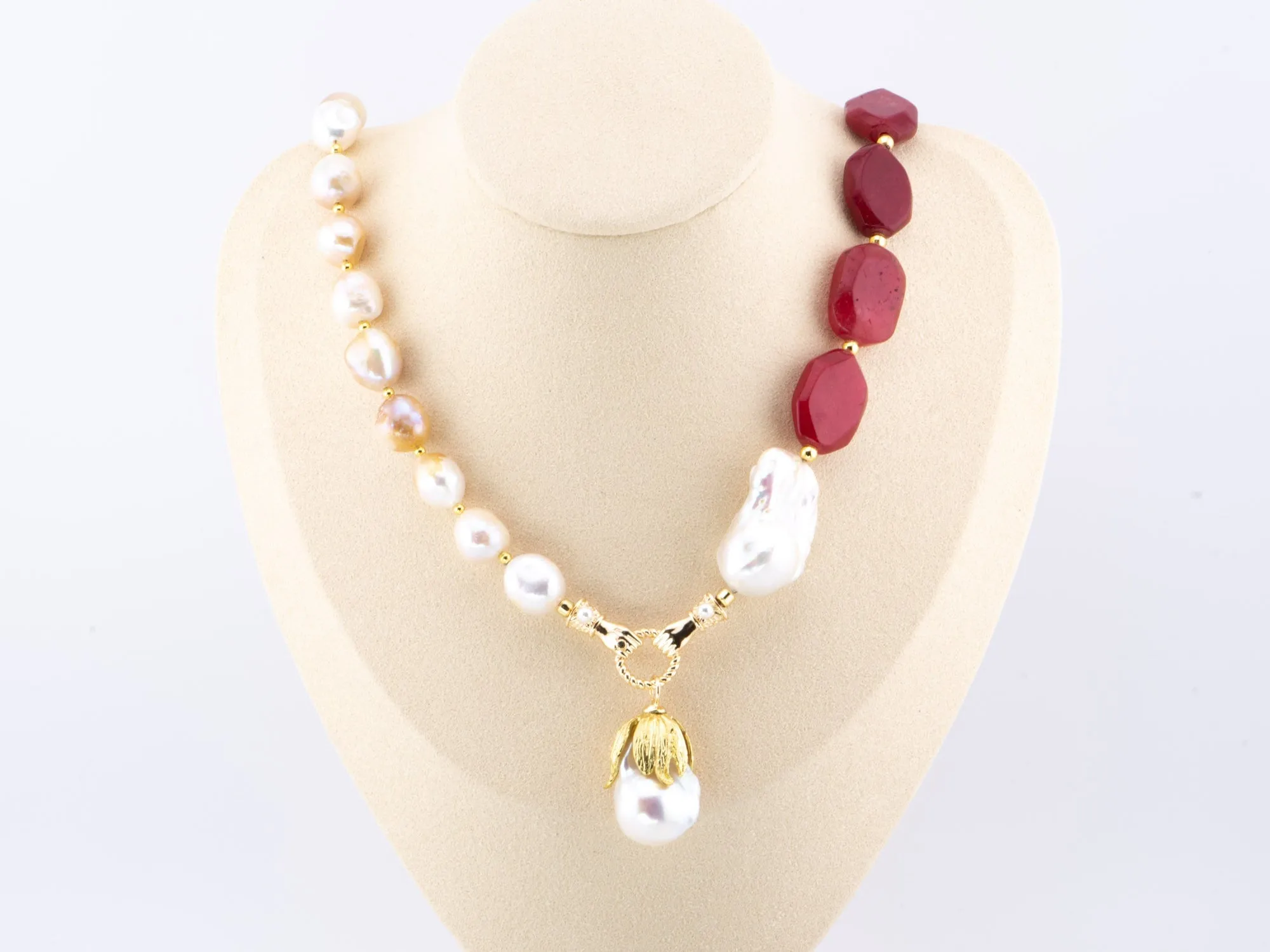 Mixed Pearl and Red Onyx Half and Half Necklace with Flame Ball Drop P1032