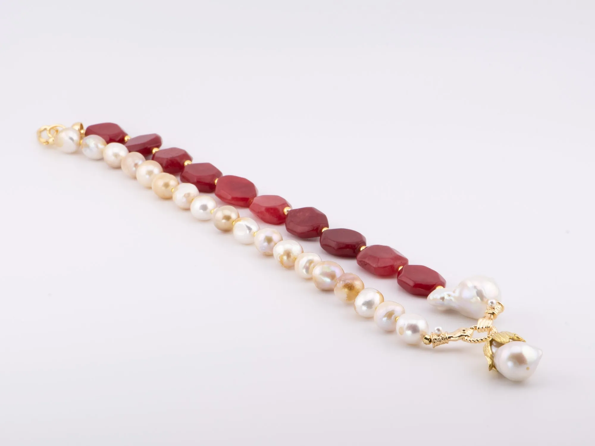 Mixed Pearl and Red Onyx Half and Half Necklace with Flame Ball Drop P1032