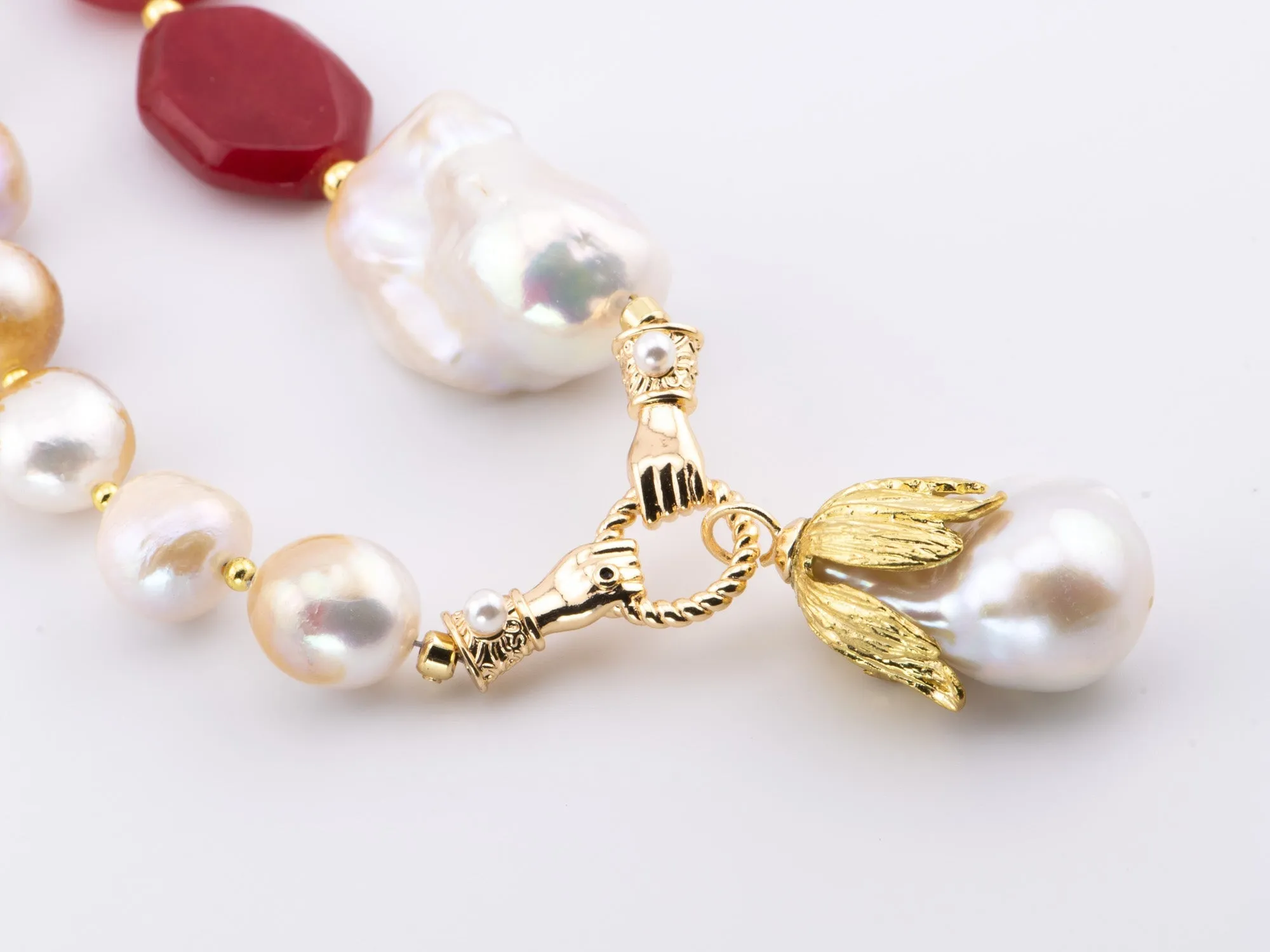 Mixed Pearl and Red Onyx Half and Half Necklace with Flame Ball Drop P1032