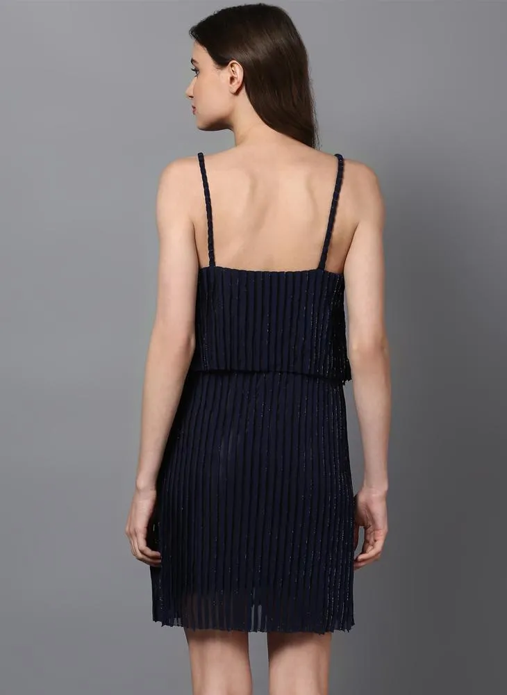 Navy Shift Dress in Pleated Shimmer Fabric