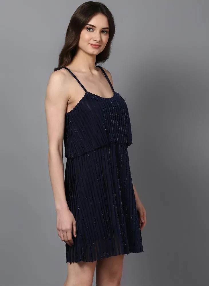 Navy Shift Dress in Pleated Shimmer Fabric