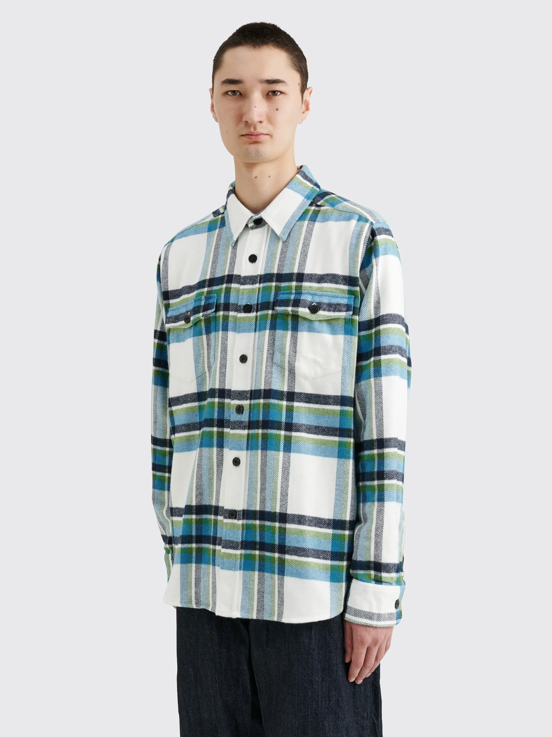 Noah Herringbone Heavyweight Flannel Shirt White / Navy