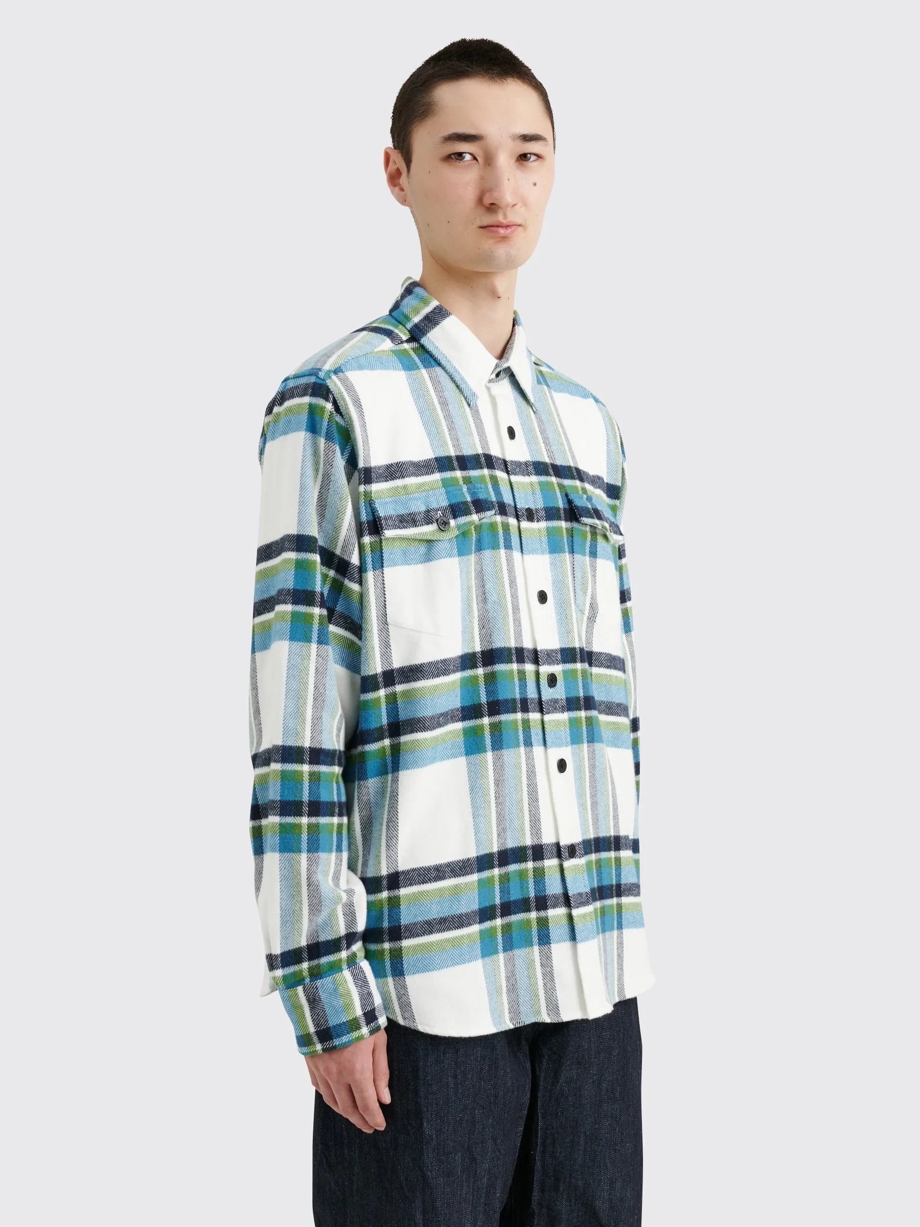 Noah Herringbone Heavyweight Flannel Shirt White / Navy