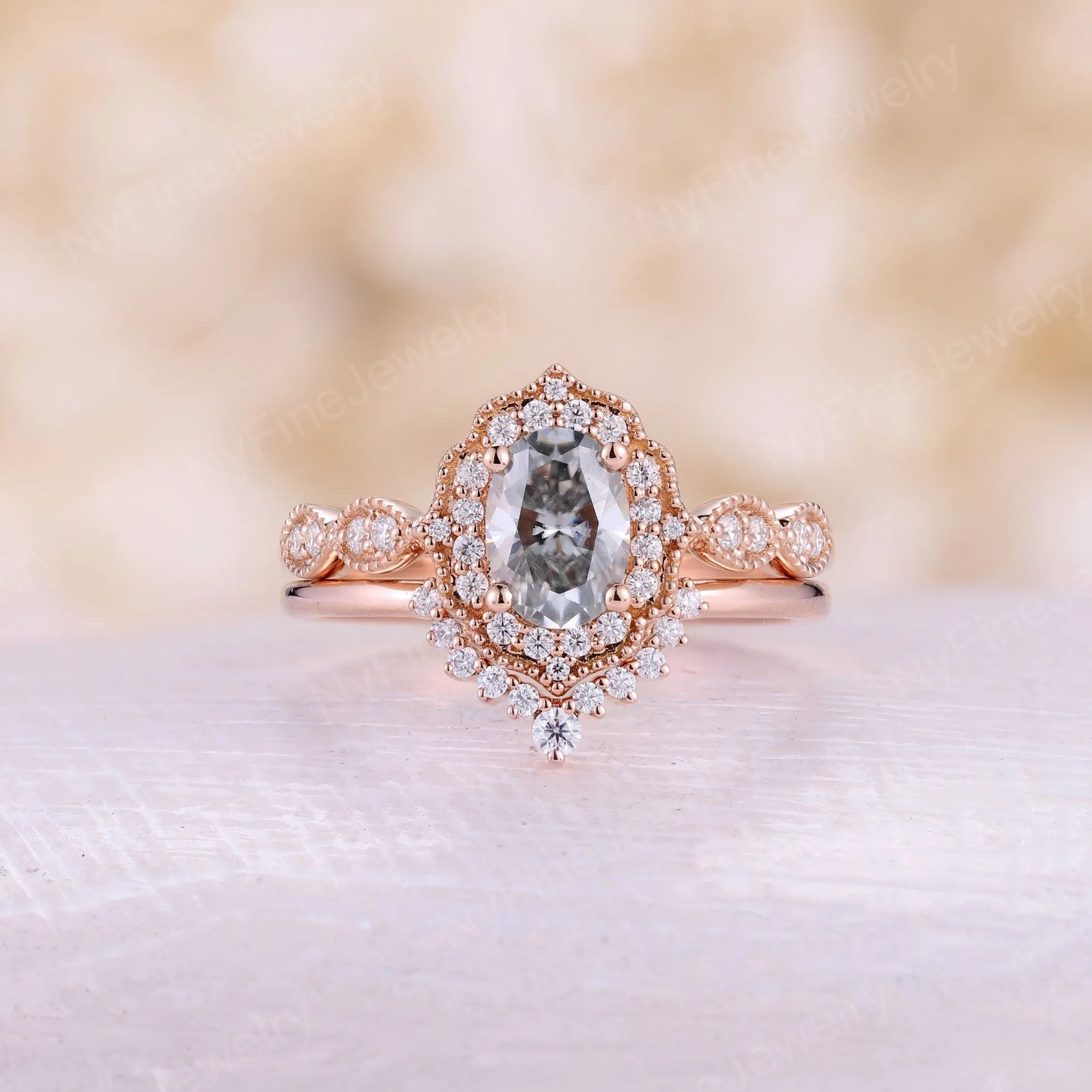 Oval Grey Moissanite Rose Gold Milgrain Halo Bridal Set