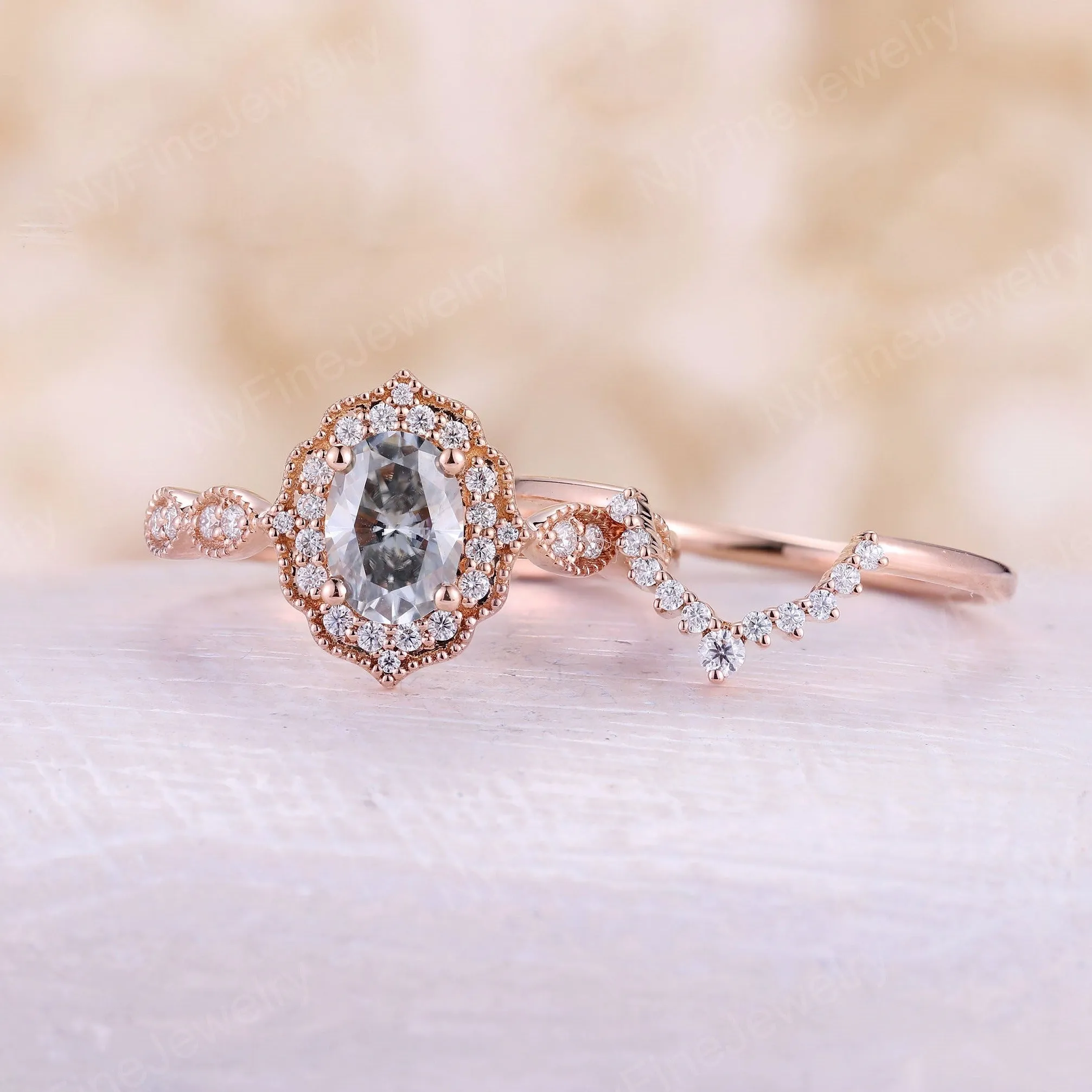 Oval Grey Moissanite Rose Gold Milgrain Halo Bridal Set