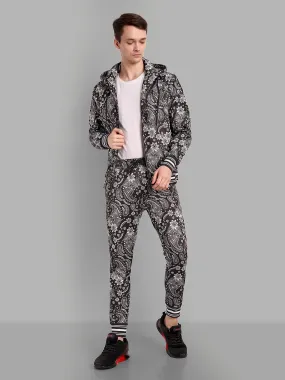 Paisely Design Printed Black and White Bomber Style Jacket with Pant Co ord Sets Mens