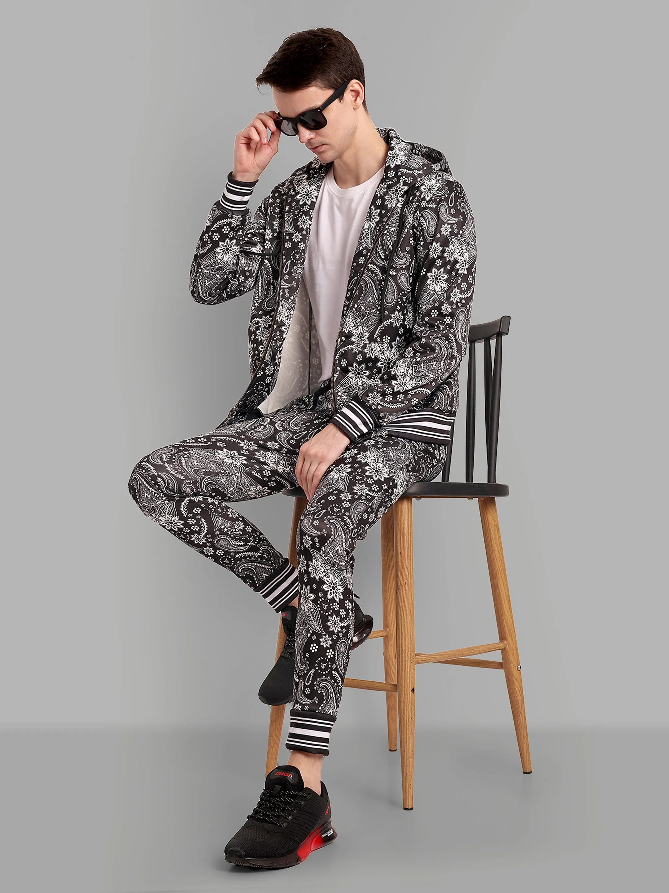 Paisely Design Printed Black and White Bomber Style Jacket with Pant Co ord Sets Mens