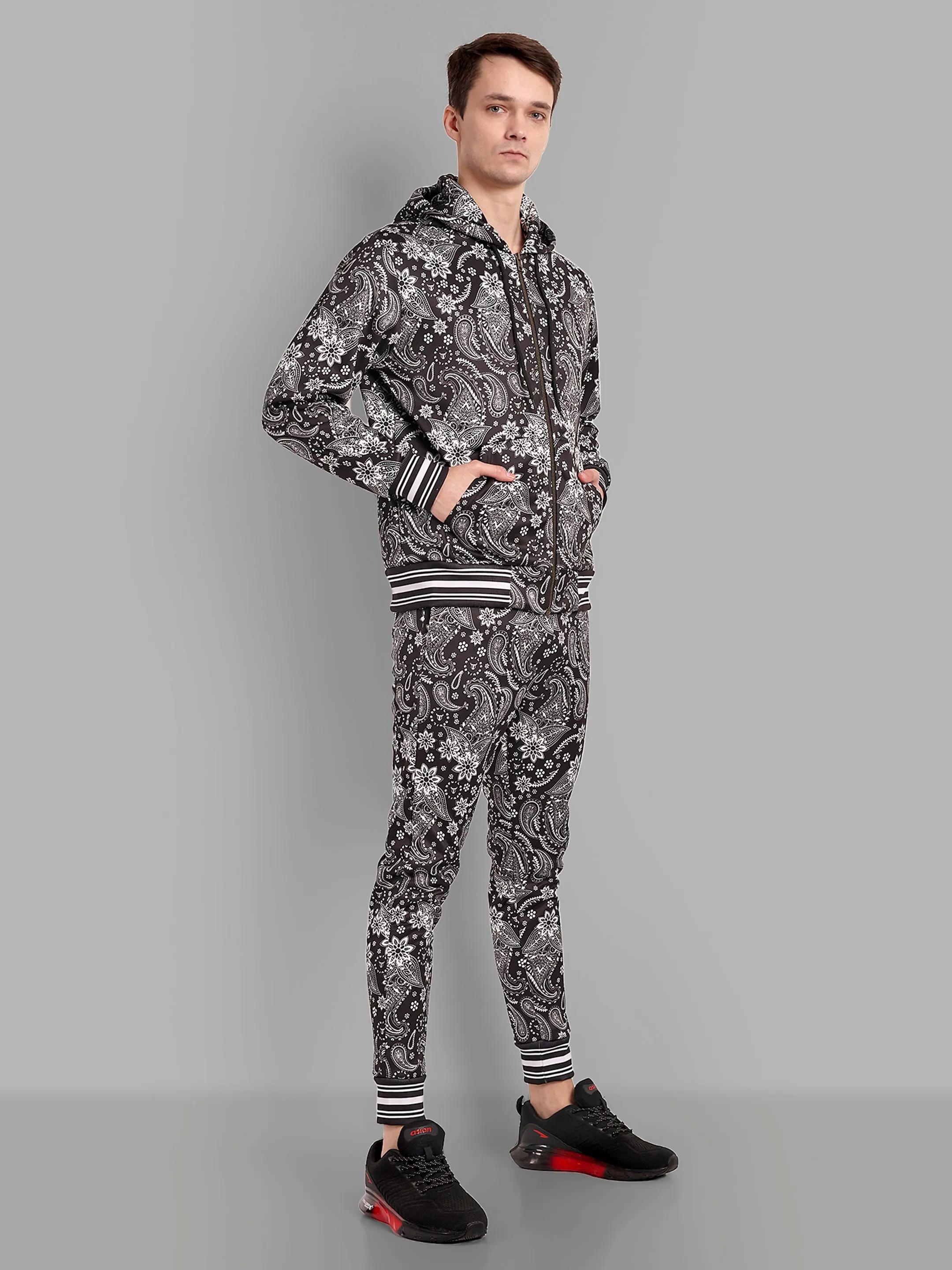 Paisely Design Printed Black and White Bomber Style Jacket with Pant Co ord Sets Mens