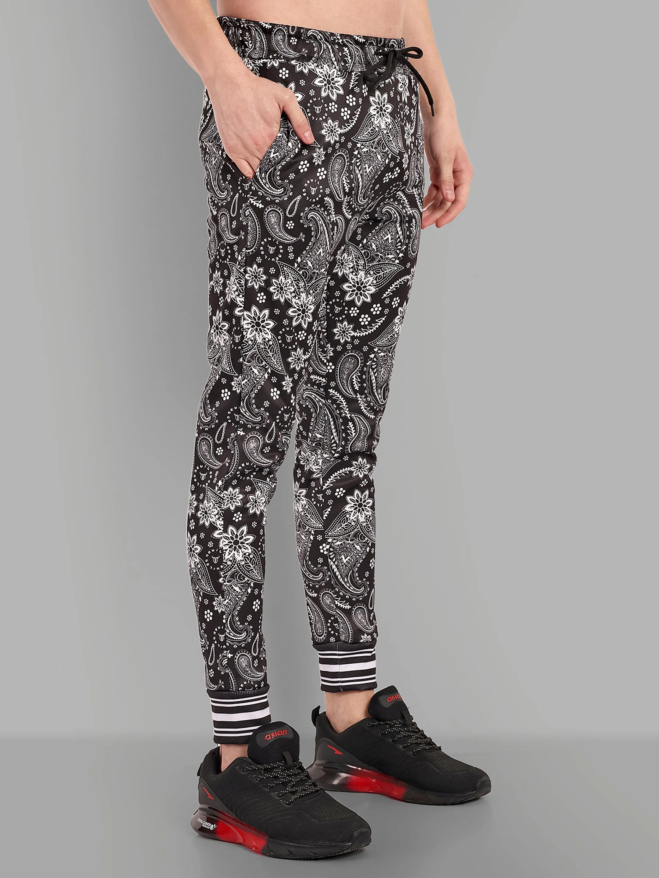 Paisely Design Printed Black and White Bomber Style Jacket with Pant Co ord Sets Mens