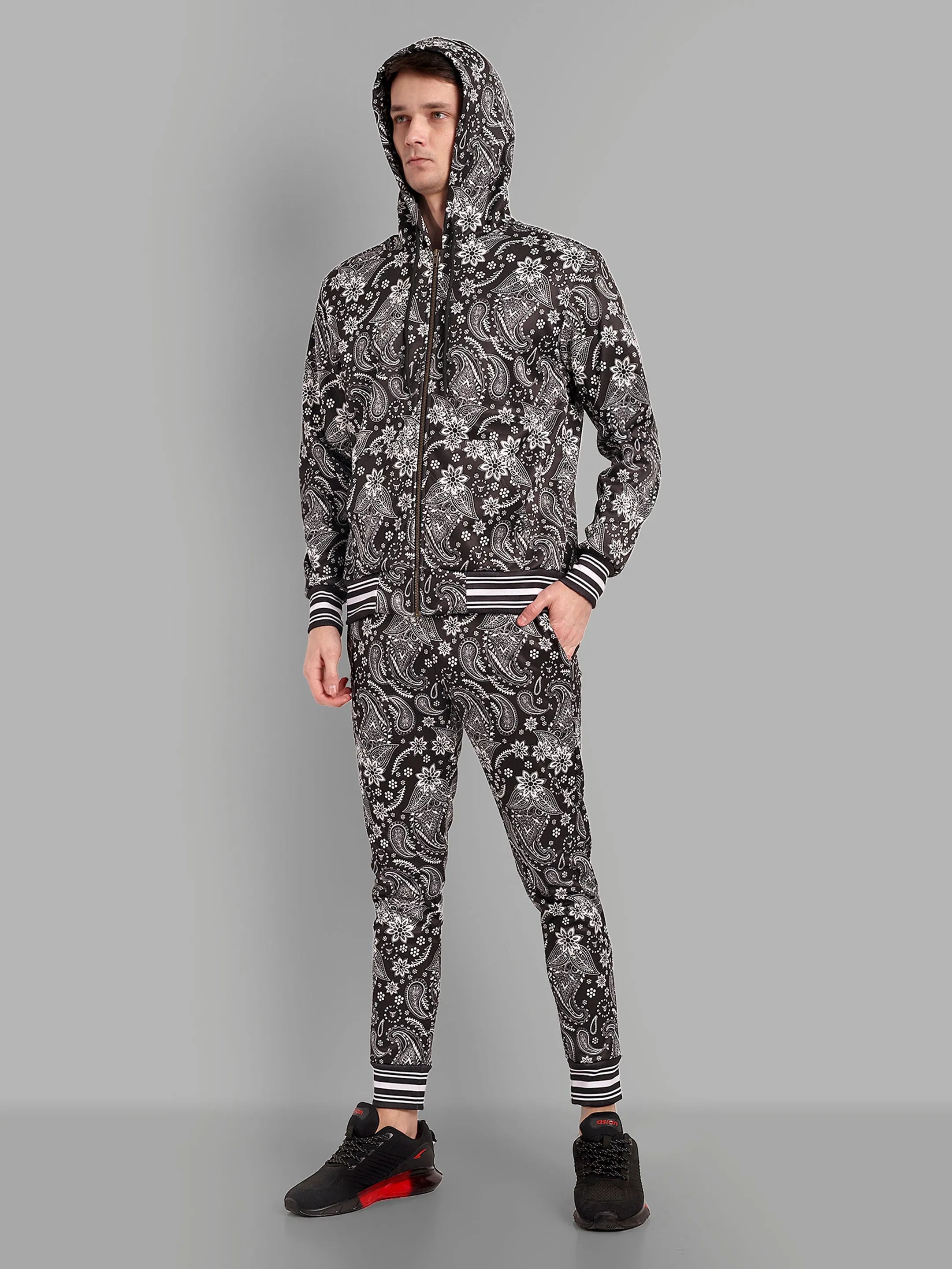 Paisely Design Printed Black and White Bomber Style Jacket with Pant Co ord Sets Mens