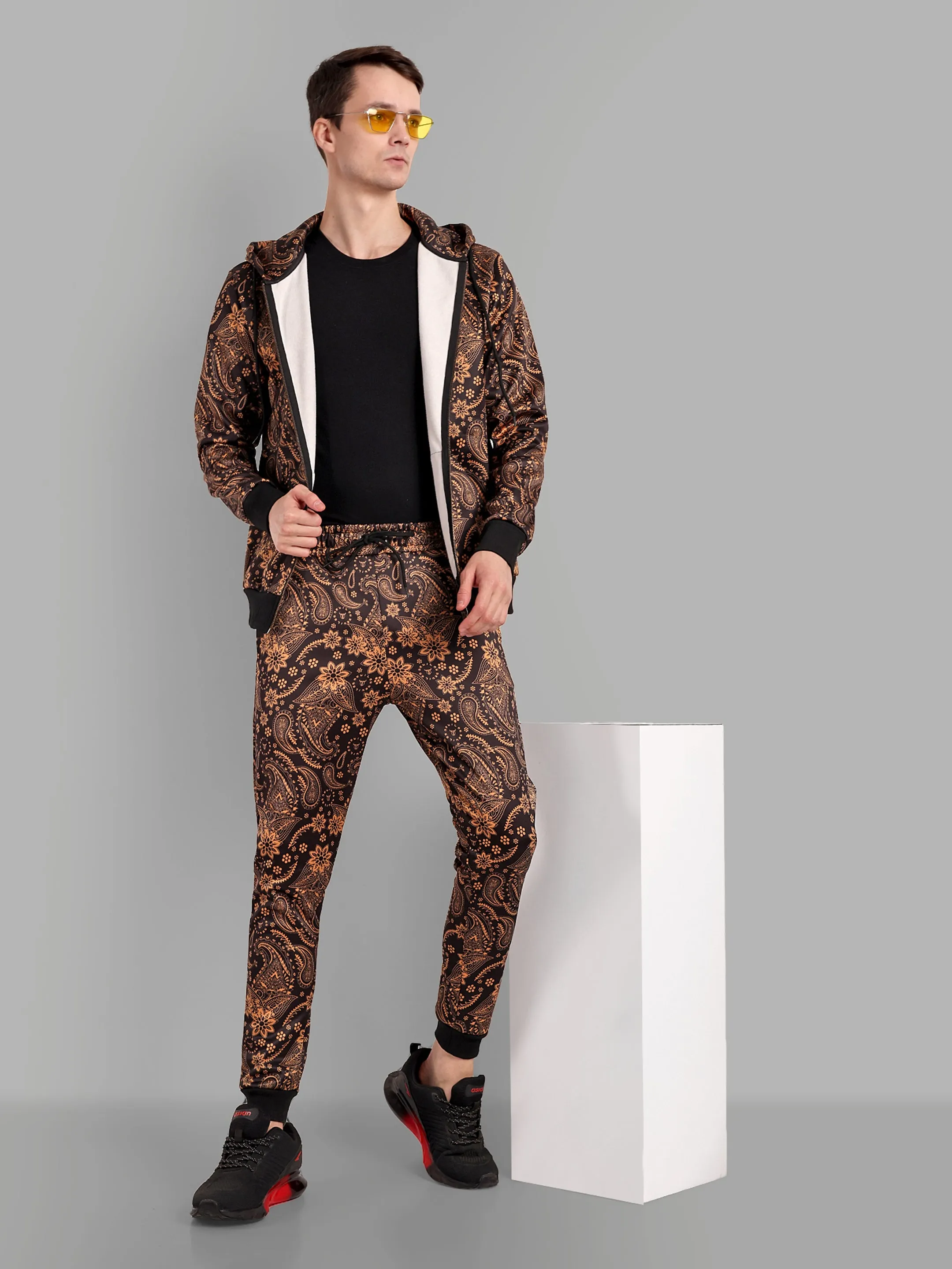 Paisely Design Printed Golden Bomber Style Jacket with Pant Co ord Sets Mens