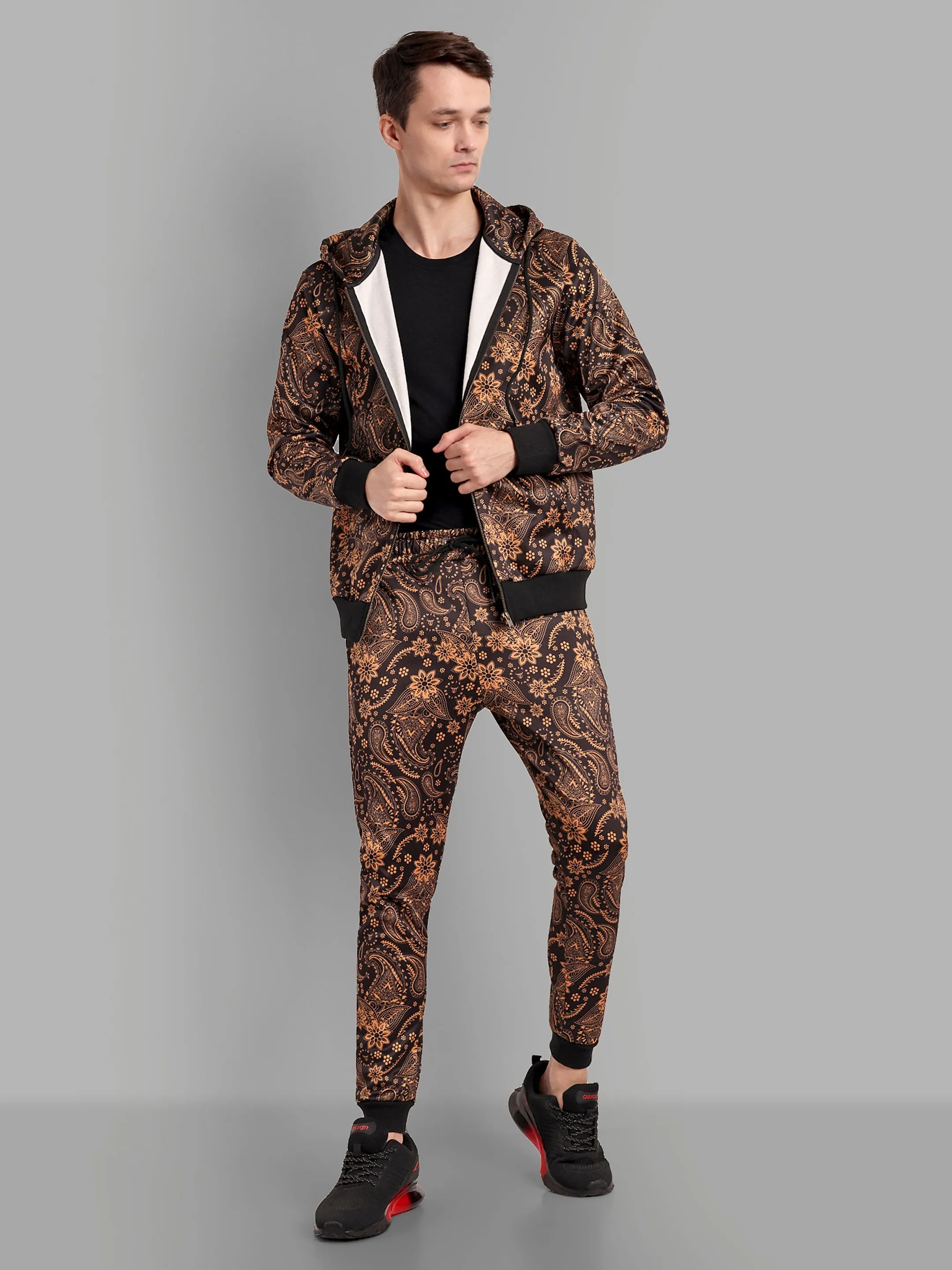 Paisely Design Printed Golden Bomber Style Jacket with Pant Co ord Sets Mens