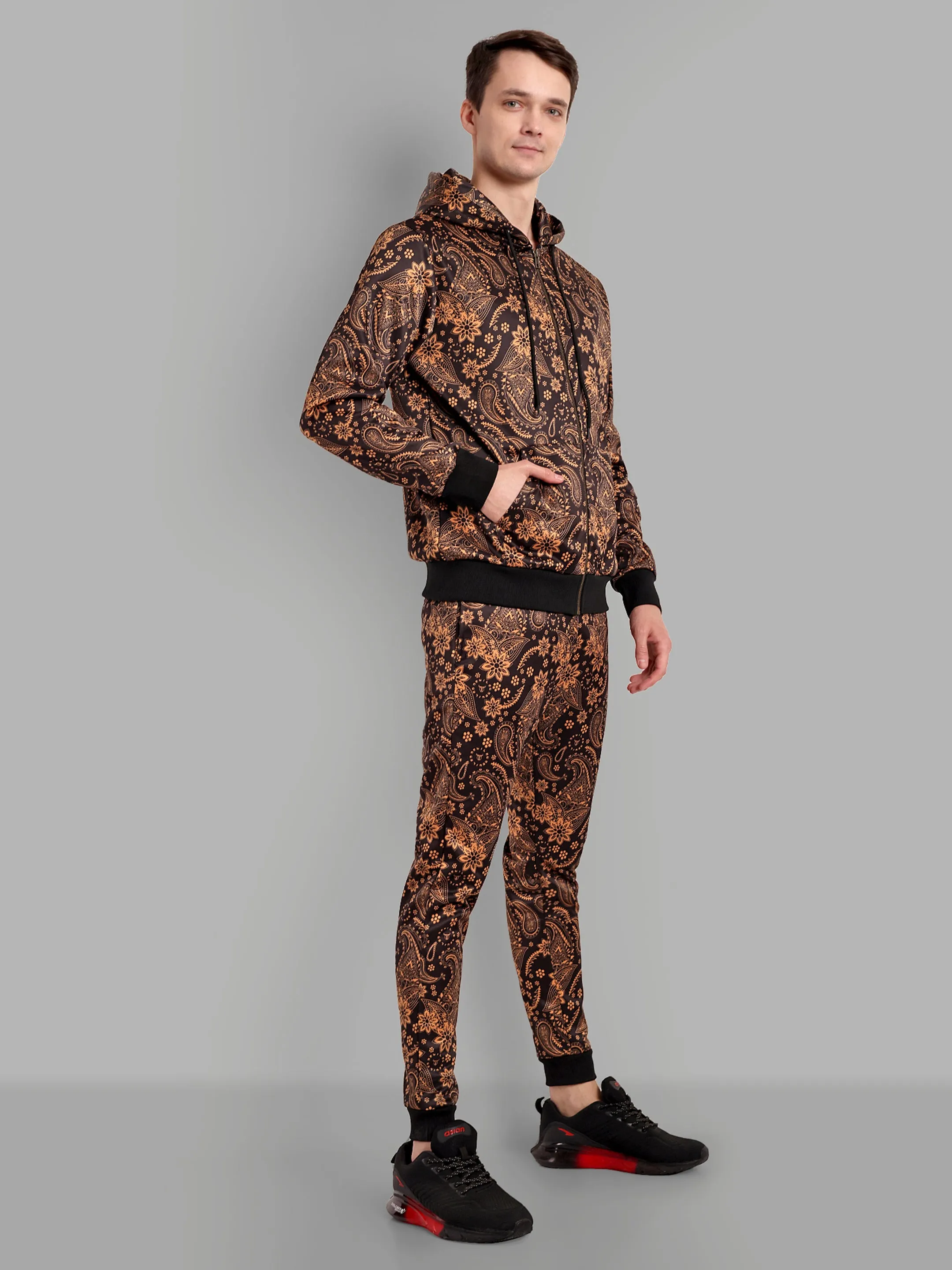 Paisely Design Printed Golden Bomber Style Jacket with Pant Co ord Sets Mens