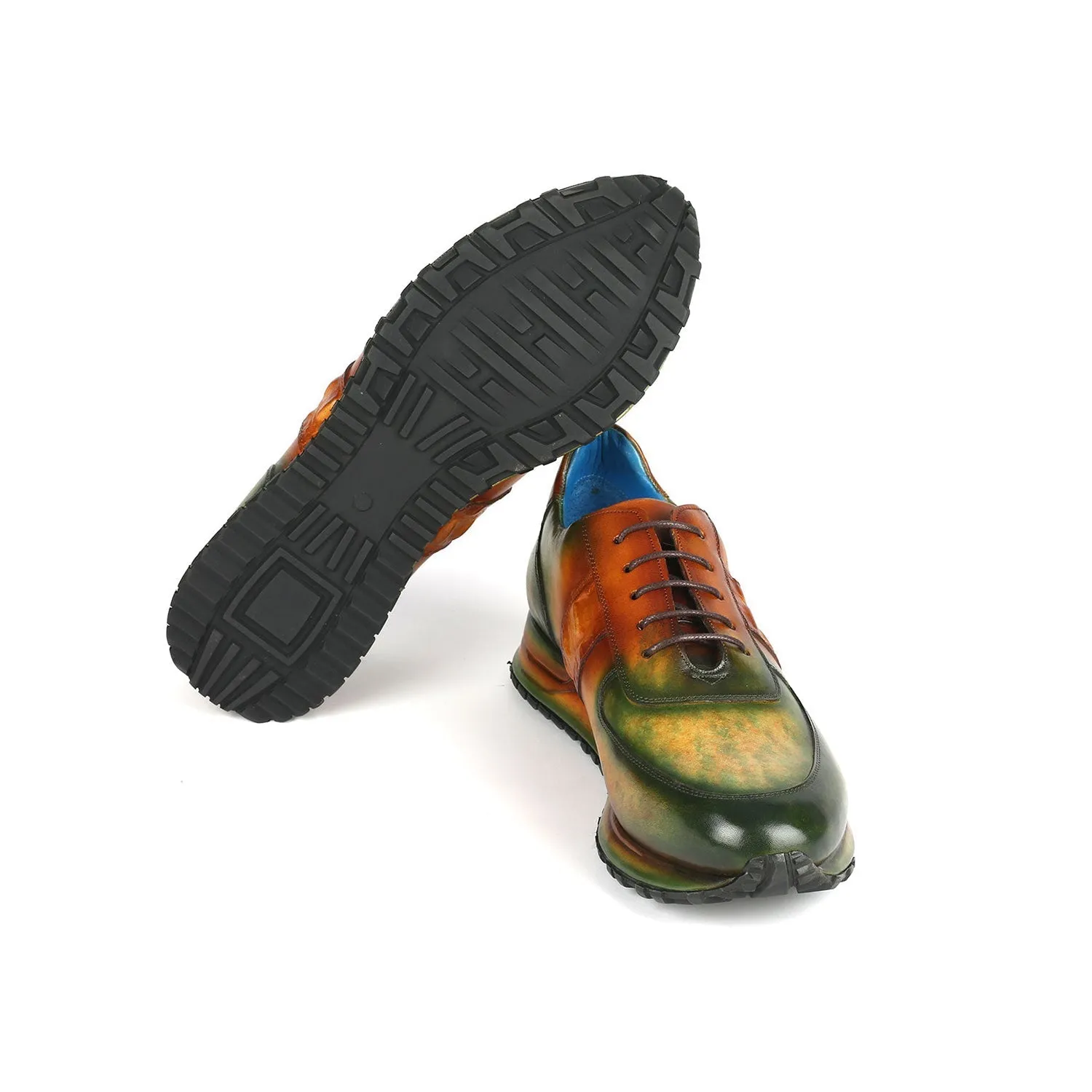 Paul Parkman LP207GRB Men's Shoes Green & Brown Patina Leather Casual Sneakers (PM6374)