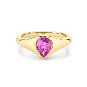 Pear Flush Set Signet - Pink Sapphire / 14k Yellow Gold