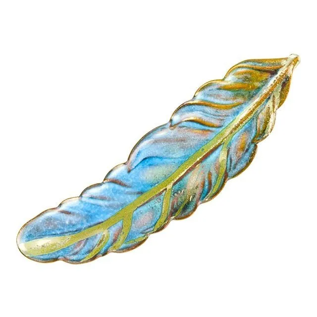 Pendant, Large Feather 61x16.5mm, Enameled Brass Aqua Blue, by Gardanne Beads (1 Piece)