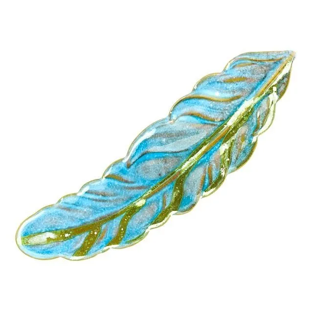 Pendant, Large Feather 61x16.5mm, Enameled Brass Aqua Blue, by Gardanne Beads (1 Piece)