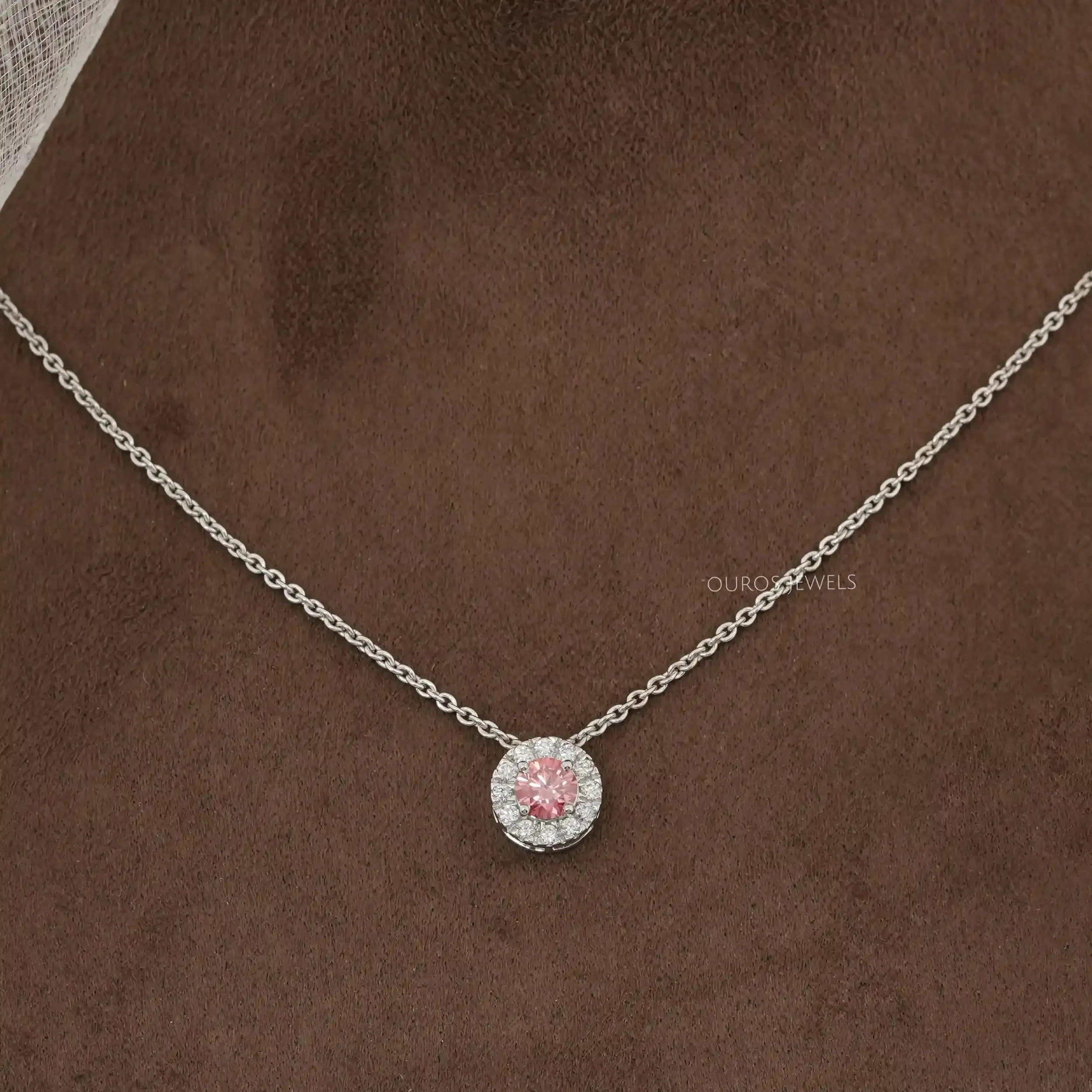 Pink Round Cut CVD Diamond Halo Pendant