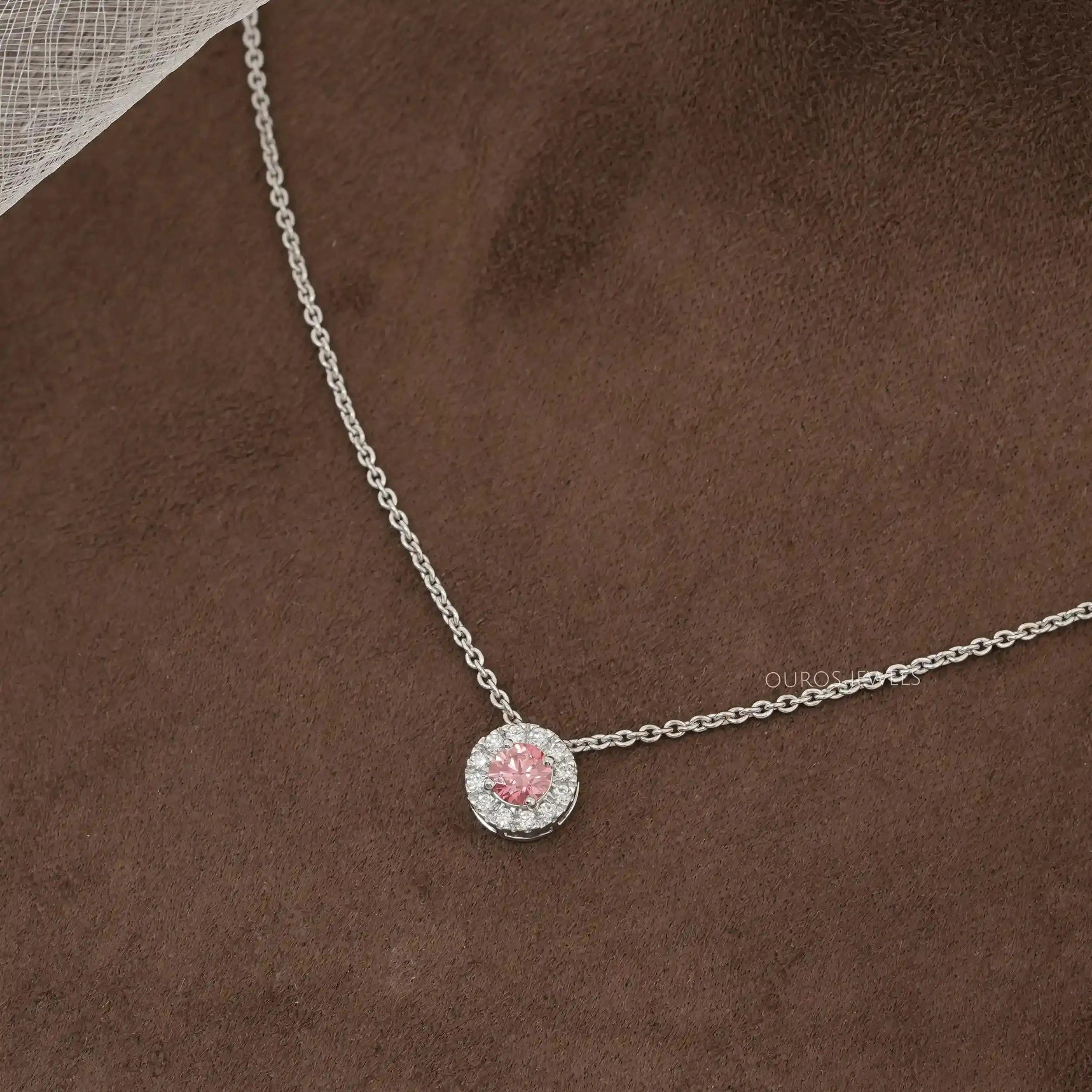 Pink Round Cut CVD Diamond Halo Pendant