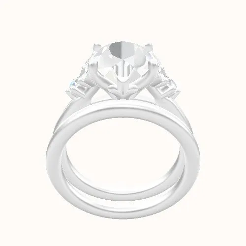 Plain Band with Marquise & Round Diamond Sidestones Engagement Ring With Petal Four Prong Head and Matching Band