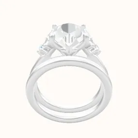 Plain Band with Marquise & Round Diamond Sidestones Engagement Ring With Petal Four Prong Head and Matching Band