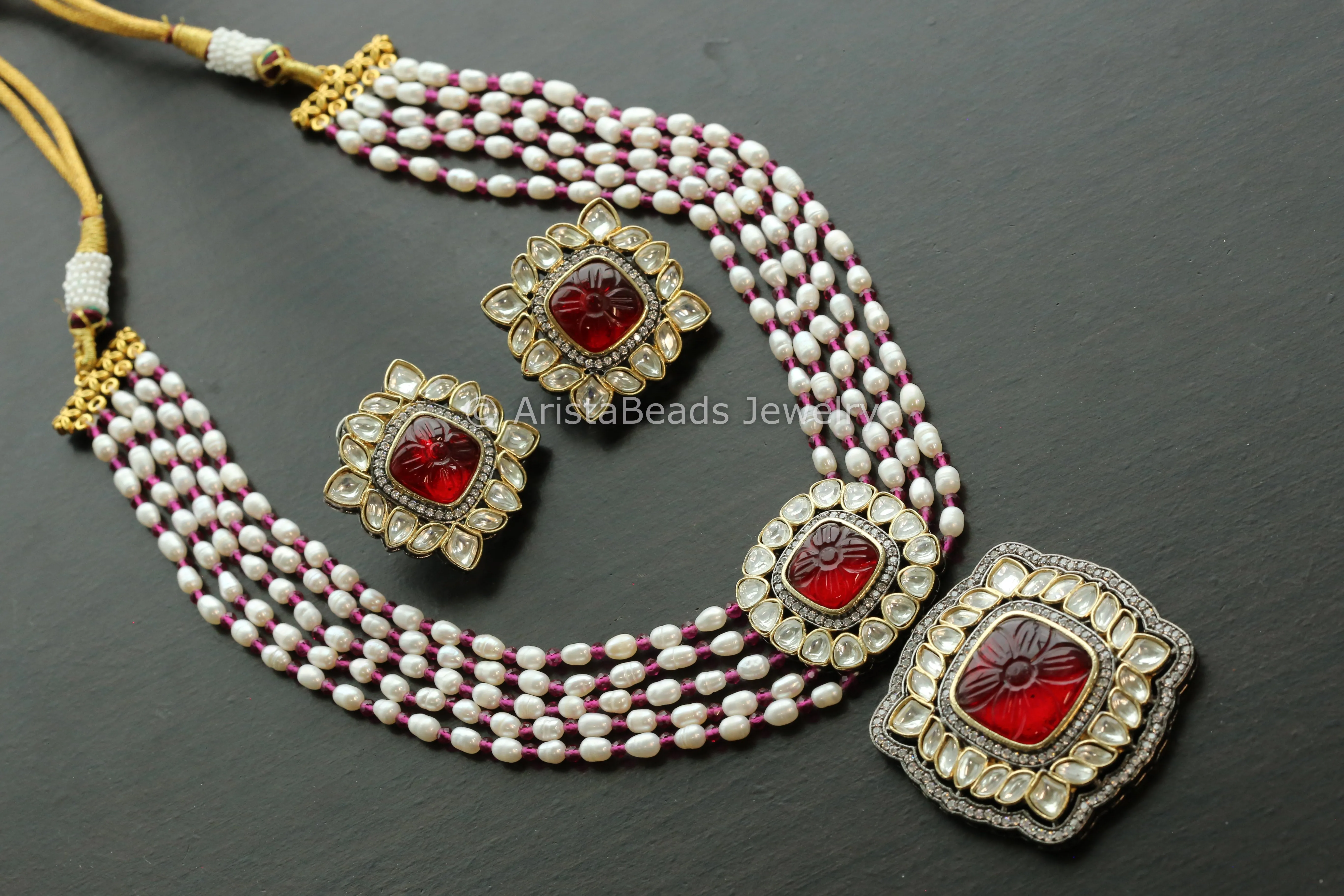 Real Pearl Carved Stone Kundan Polki Set - Red