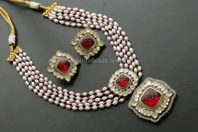 Real Pearl Carved Stone Kundan Polki Set - Red