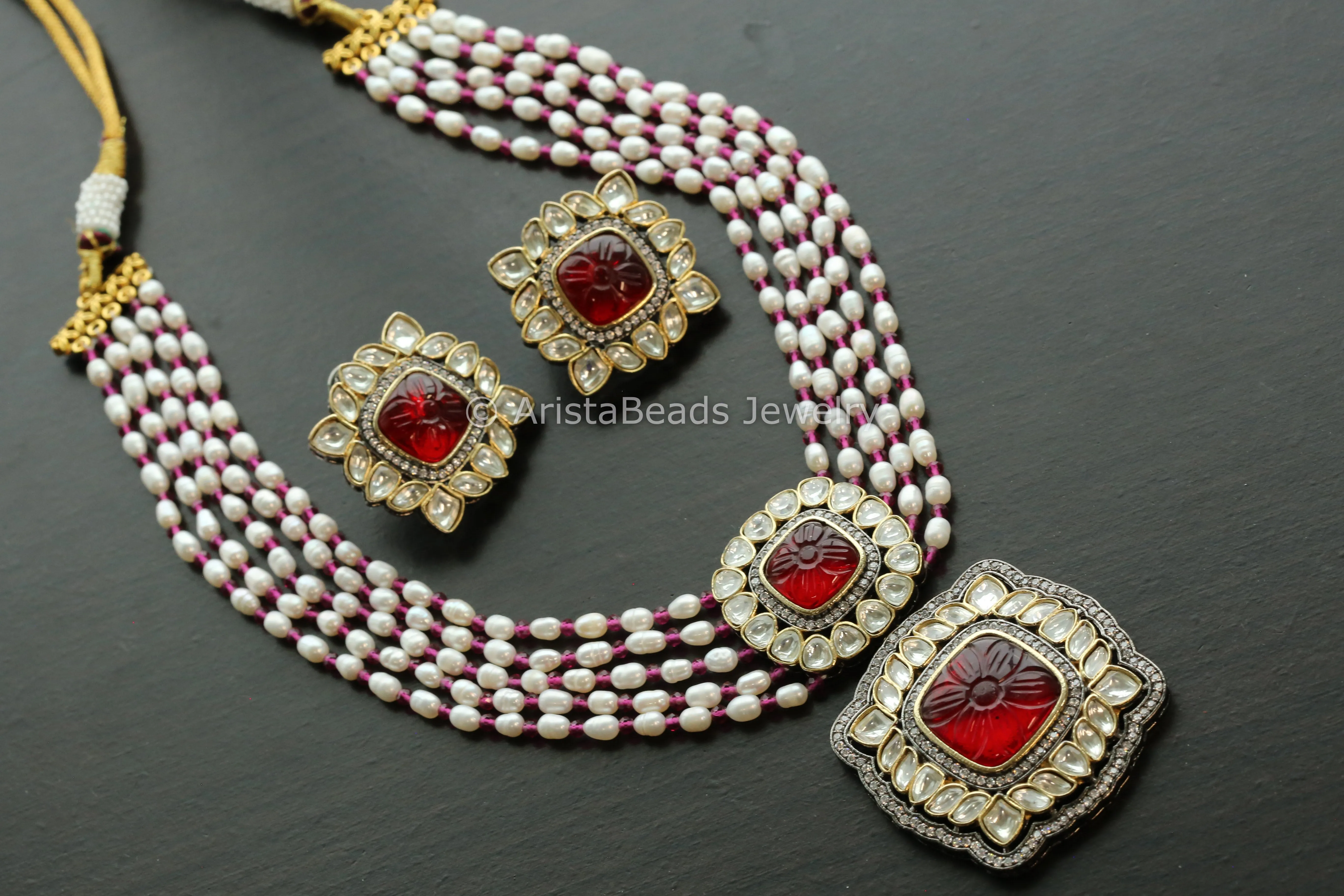 Real Pearl Carved Stone Kundan Polki Set - Red