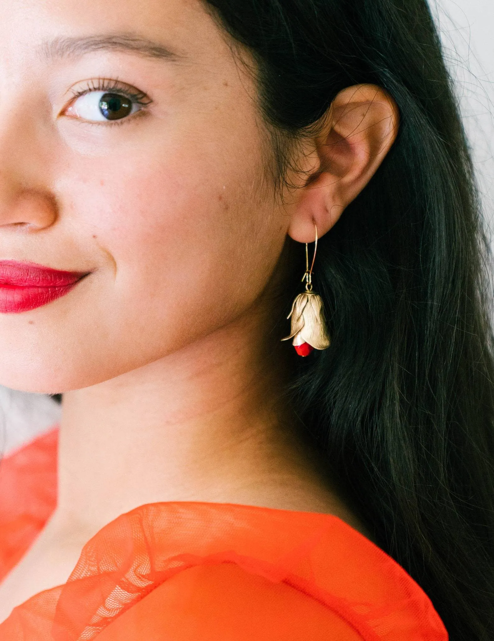 Red Flower Bud Hanging Earrings-WS