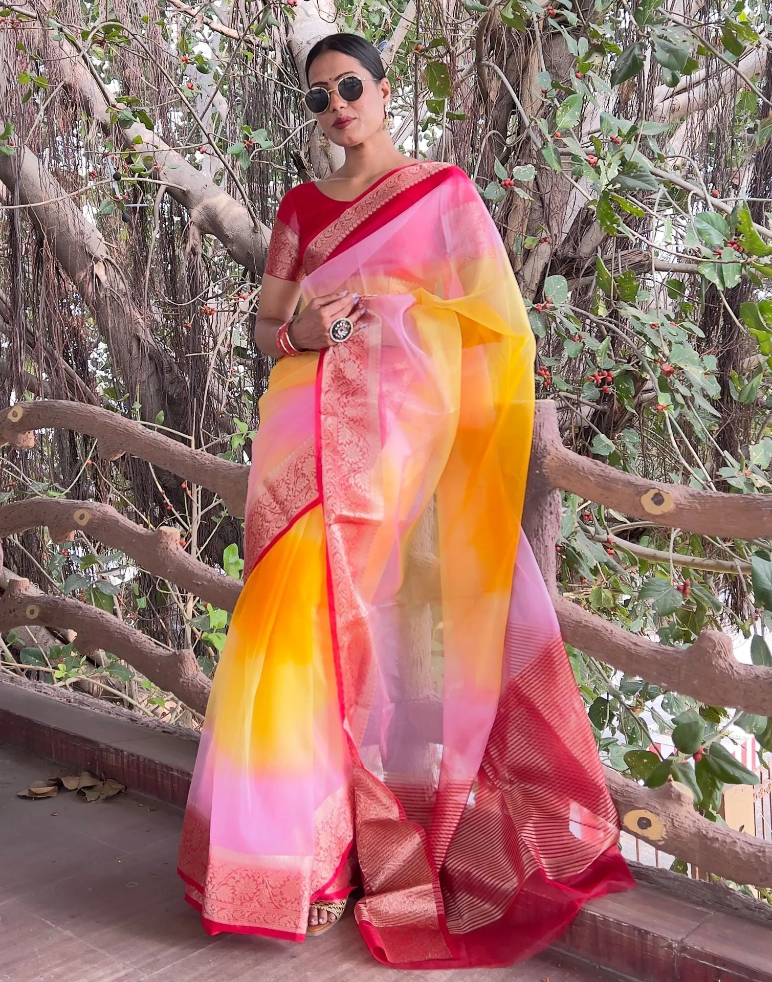 Red Plain Organza Saree