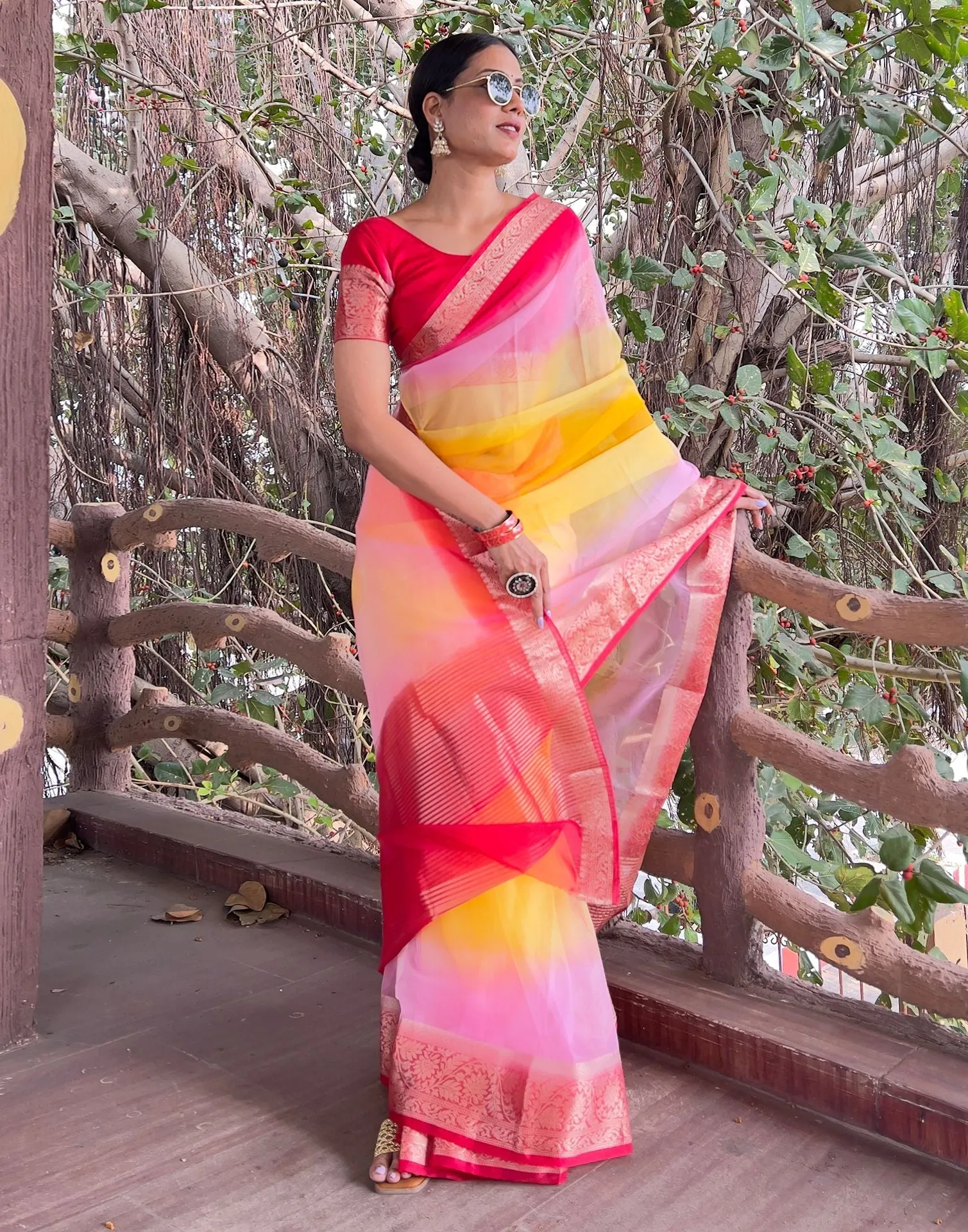 Red Plain Organza Saree