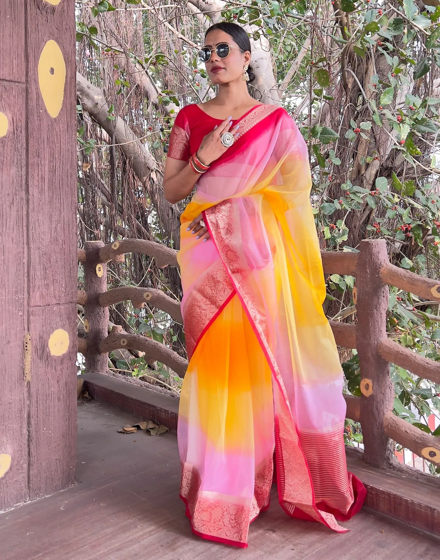 Red Plain Organza Saree