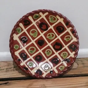 Redware Slab Plate with Grid and Green, Black Dots