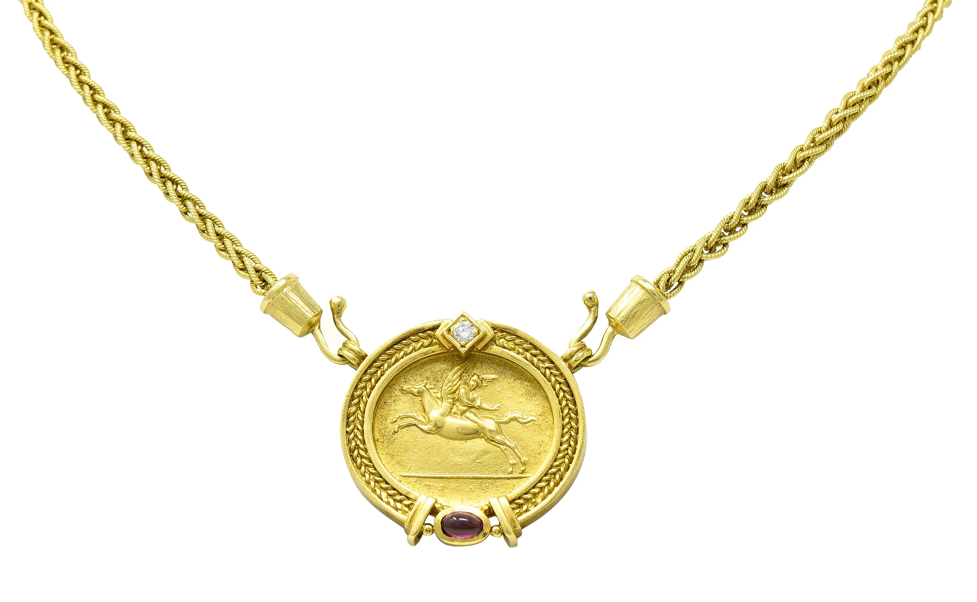 SeidenGang Vintage Diamond Pink Tourmaline 18 Karat Yellow Gold Pegasus Classic Enhancer Pendant Necklace