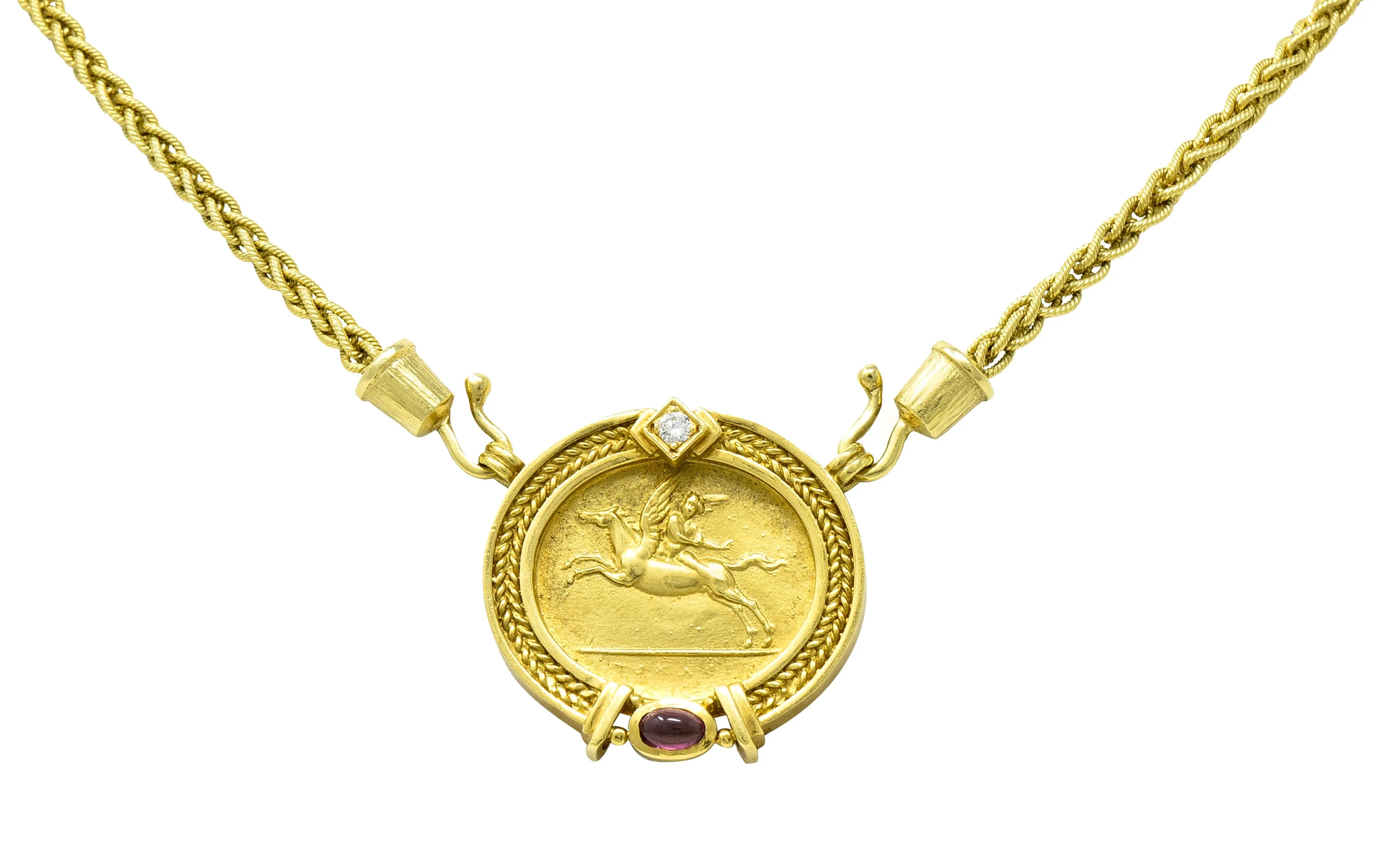 SeidenGang Vintage Diamond Pink Tourmaline 18 Karat Yellow Gold Pegasus Classic Enhancer Pendant Necklace