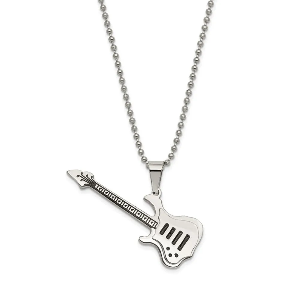 Stainless Steel & Black Enamel Guitar Necklace, 24 Inch