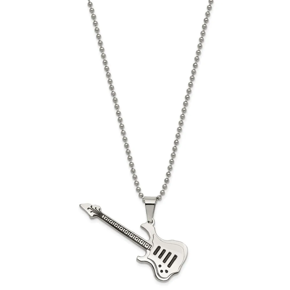 Stainless Steel & Black Enamel Guitar Necklace, 24 Inch