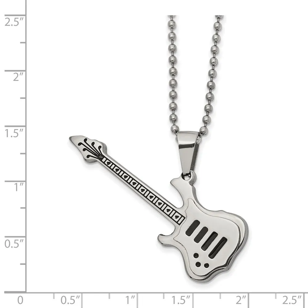 Stainless Steel & Black Enamel Guitar Necklace, 24 Inch