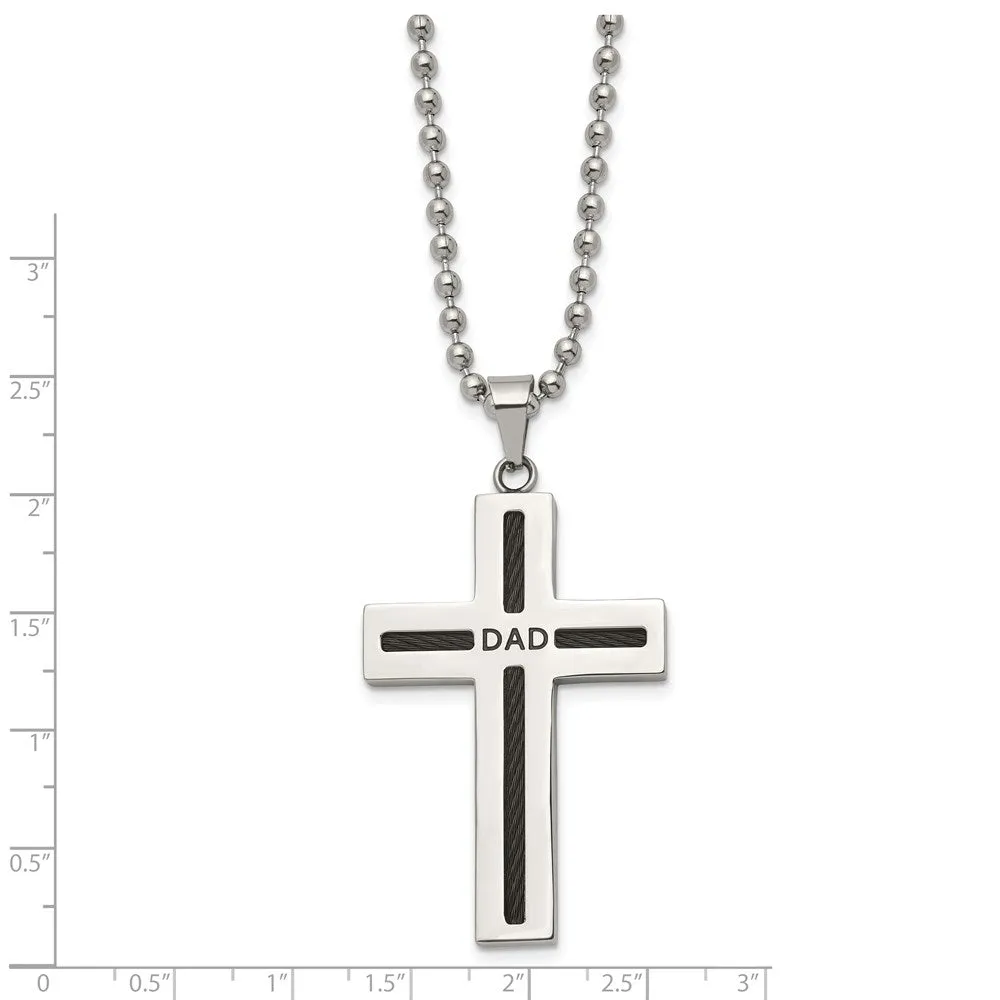 Stainless Steel & Black Plated Cable DAD Cross Necklace, 24 Inch