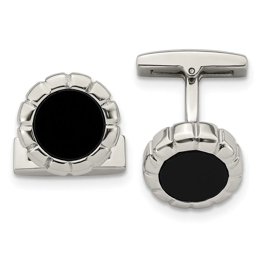 Stainless Steel & Black Plated Scalloped Edge Round Cuff Links, 14mm