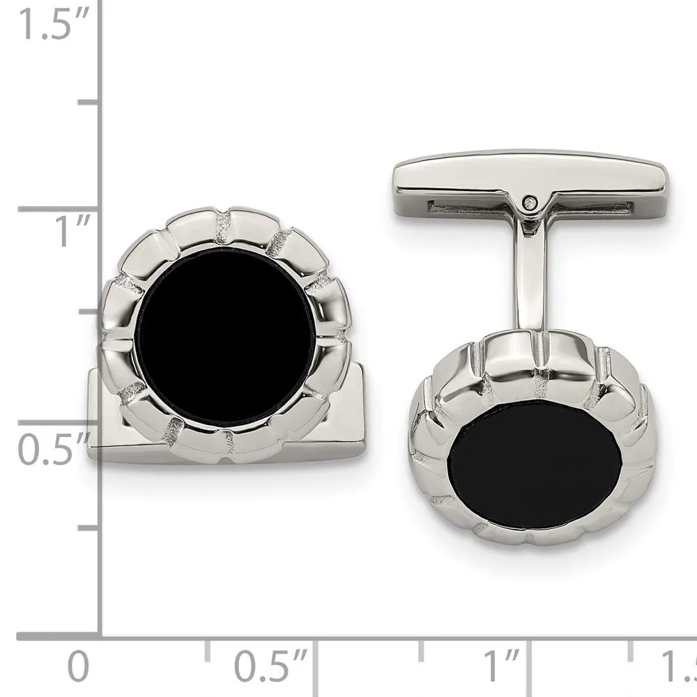 Stainless Steel & Black Plated Scalloped Edge Round Cuff Links, 14mm