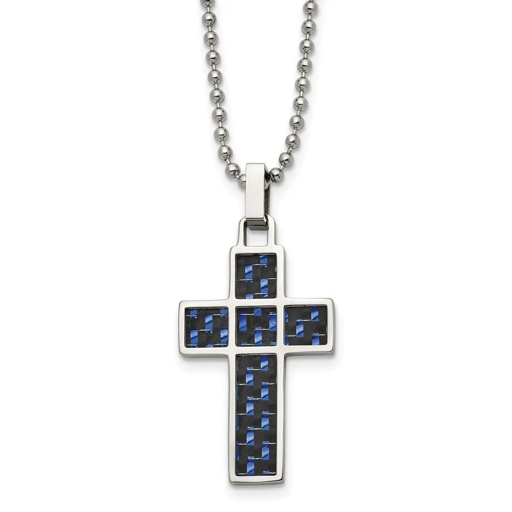 Stainless Steel, Black & Blue Carbon Fiber Cross Necklace, 20 Inch