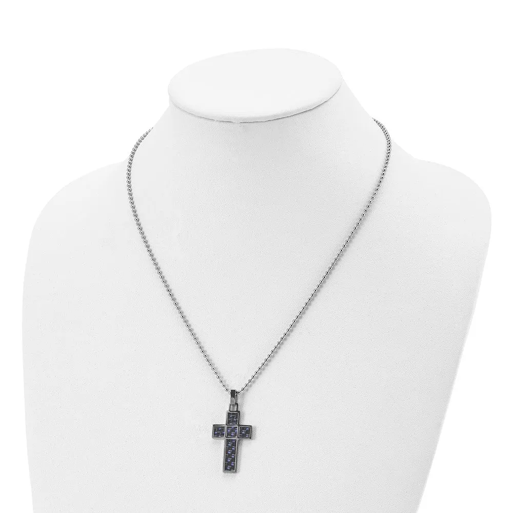 Stainless Steel, Black & Blue Carbon Fiber Cross Necklace, 20 Inch