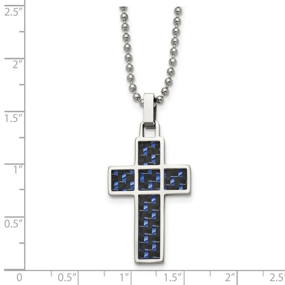 Stainless Steel, Black & Blue Carbon Fiber Cross Necklace, 20 Inch