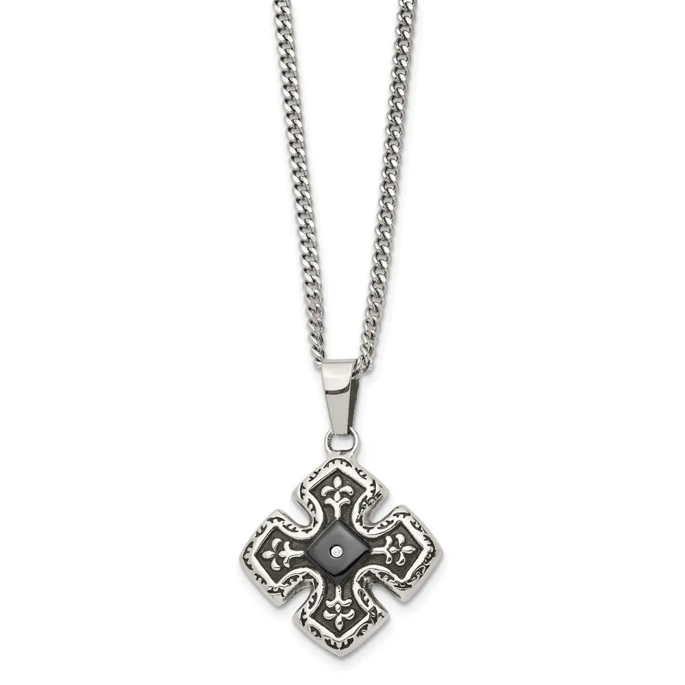 Stainless Steel, Black Plated & CZ Celtic Cross Necklace, 20 Inch