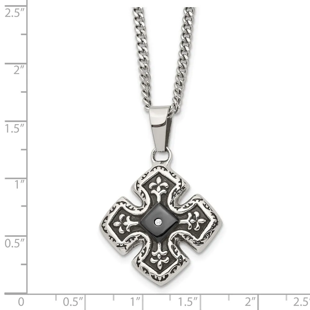 Stainless Steel, Black Plated & CZ Celtic Cross Necklace, 20 Inch