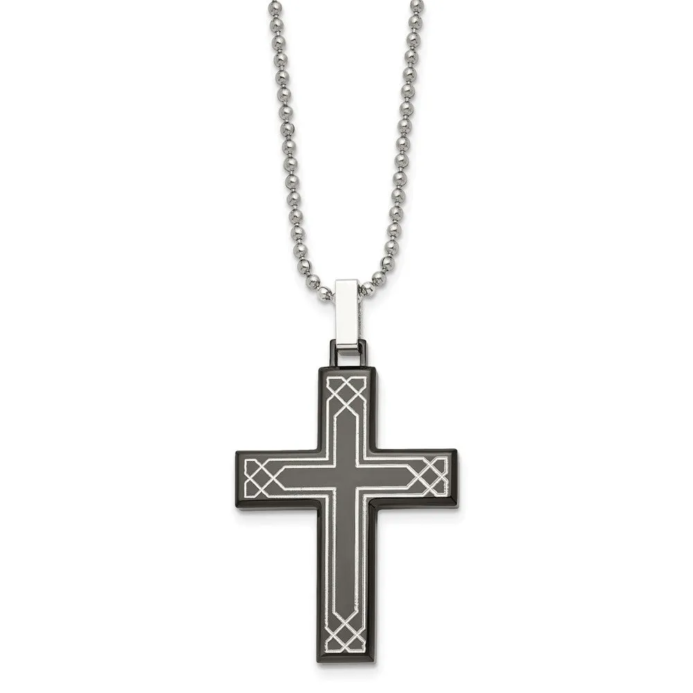 Stainless Steel, Black Plated & Laser Etched Cross Necklace, 24 Inch