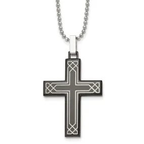 Stainless Steel, Black Plated & Laser Etched Cross Necklace, 24 Inch