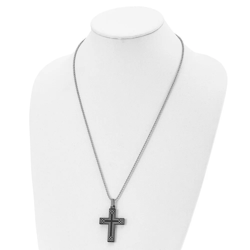 Stainless Steel, Black Plated & Laser Etched Cross Necklace, 24 Inch